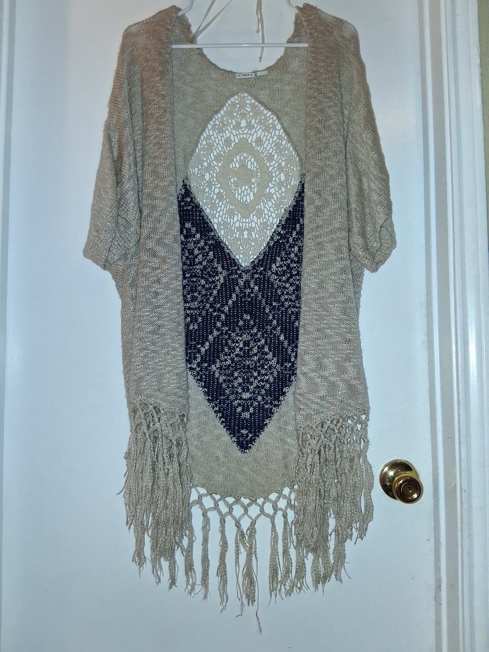 Cato Beige Open-Knit Fringe Poncho with Navy Diamond Panel